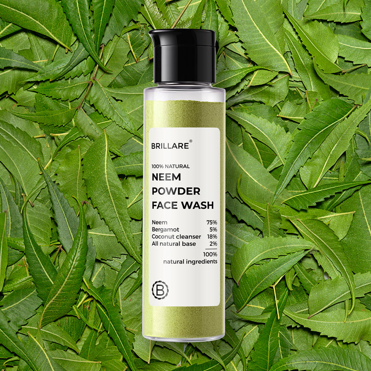 Front view of Brillare Neem Powder Face Wash with ingredients mentioned on the product label.