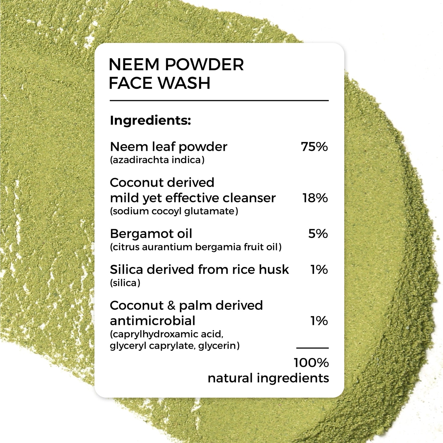 complete ingredient list of Brillare Neem Powder Face wash. 100% natural ingredients. 