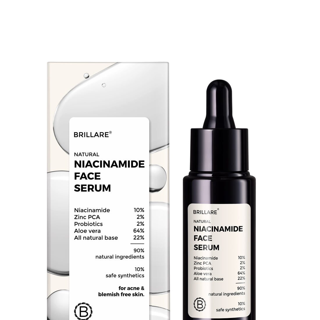 front view of Brillare Niacinamide Face Serum and its outer box, ingredients mentioned on the product label.