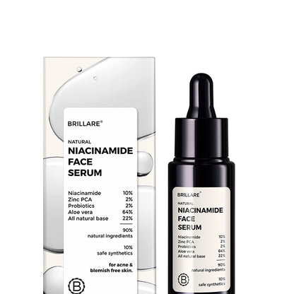 front view of Brillare Niacinamide Face Serum and its outer box, ingredients mentioned on the product label.