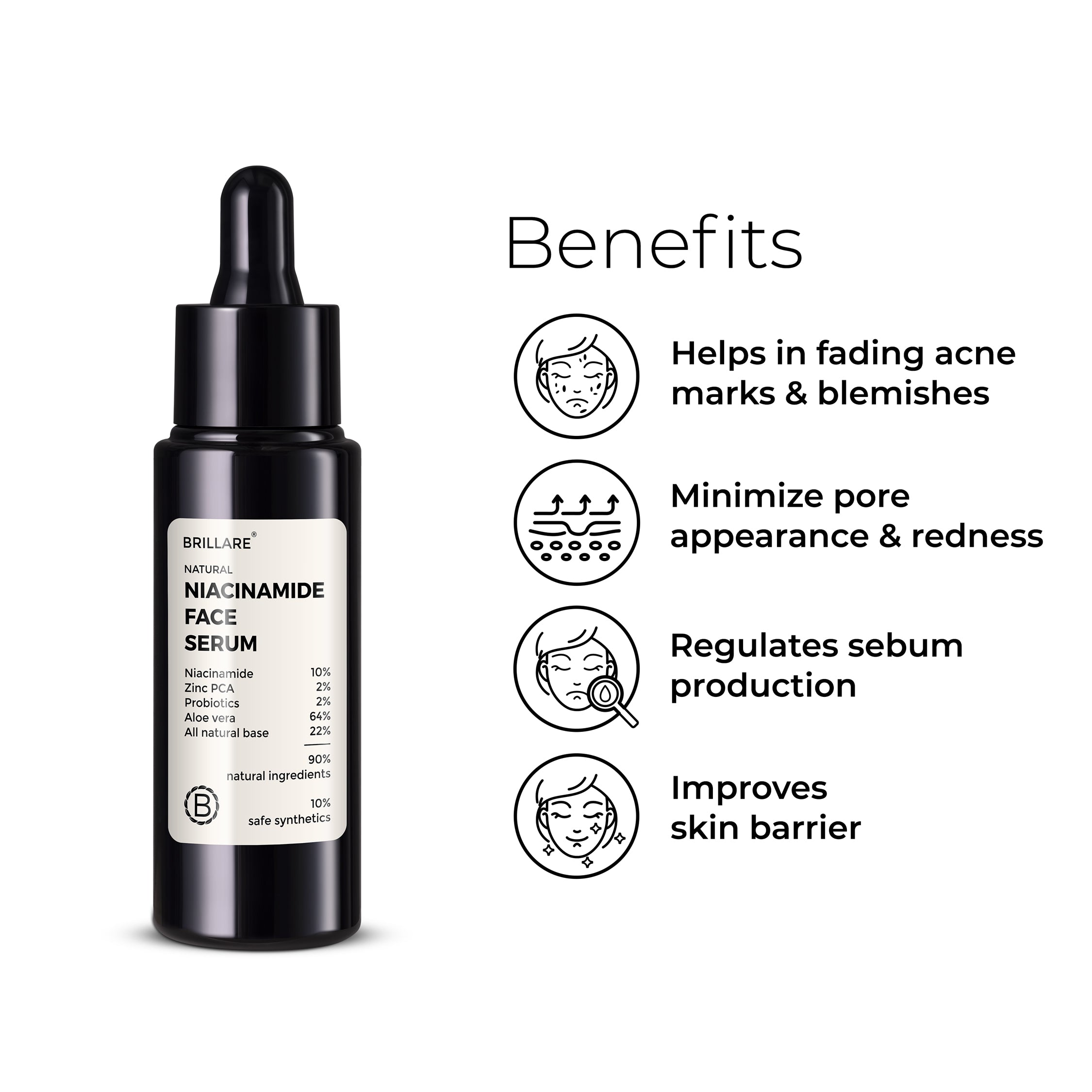 Brillare Niacinamide Face Serum with side text include benefits: helps in fading acne marks &amp; blemishes, minimize pore appearance &amp; redness, regulates sebum production, improves skin barrier. 