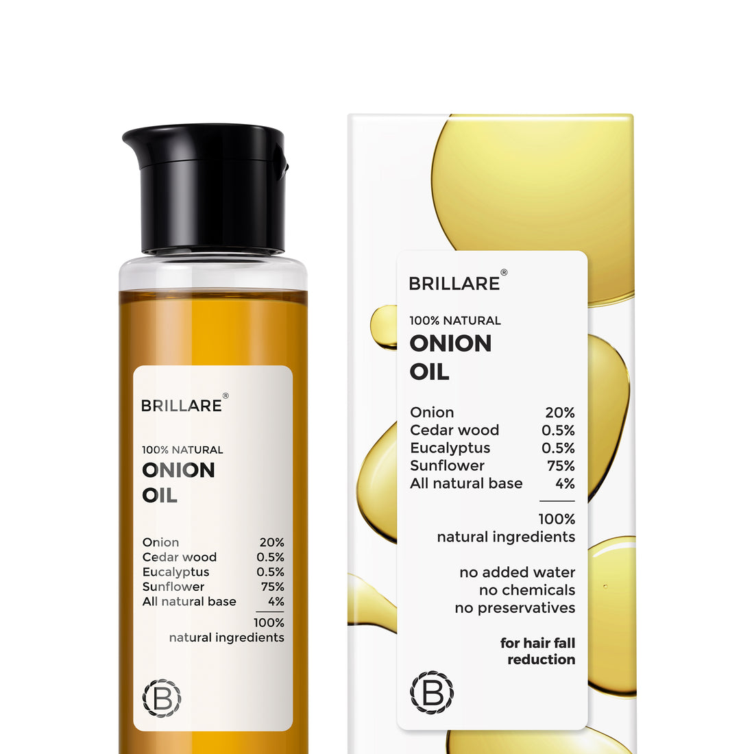 front view of Brillare Onion Oil with its outer box against white background. ingredients mentioned on the product label.