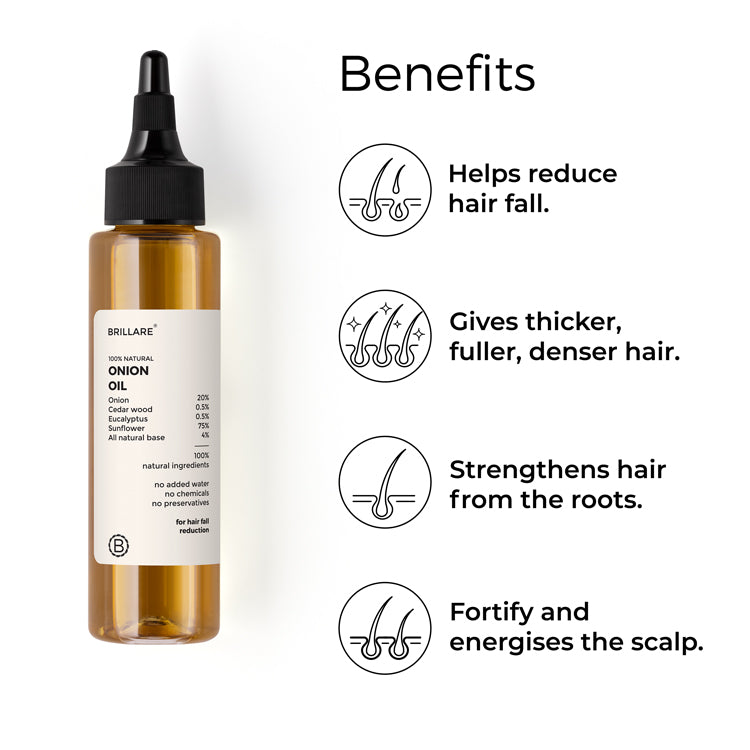 Brillare Onion Oil with side text include benefits: helps reduce hair fall, gives thicker, fuller, denser hair, strengthens hair from the roots, fortify and energises the scalp.