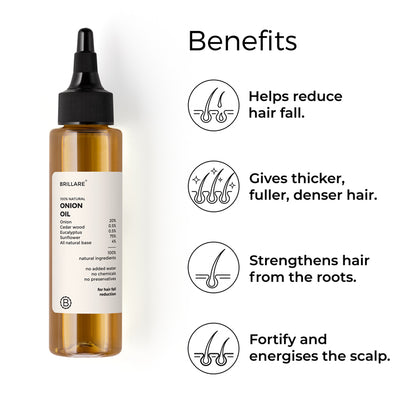 Brillare Onion Oil with side text include benefits: helps reduce hair fall, gives thicker, fuller, denser hair, strengthens hair from the roots, fortify and energises the scalp.