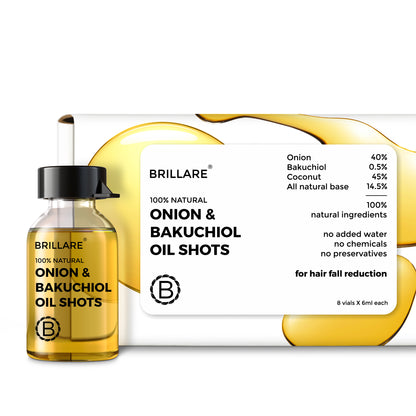 front view of Brillare Onion &amp; Bakuchiol Oil shots and its outer box, ingredients mentioned on the product label.