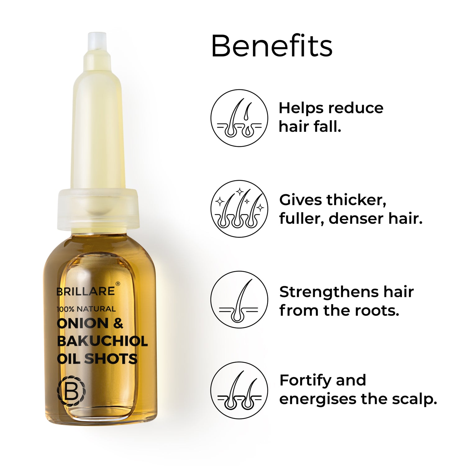 Brillare Onion &amp; Bakuchiol oil shots with side text include benefits: helps reduce hair fall, gives thicker, fuller, denser hair, strengthens hair from the roots, fortify and energises the scalp.