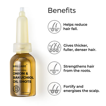 Brillare Onion &amp; Bakuchiol oil shots with side text include benefits: helps reduce hair fall, gives thicker, fuller, denser hair, strengthens hair from the roots, fortify and energises the scalp.