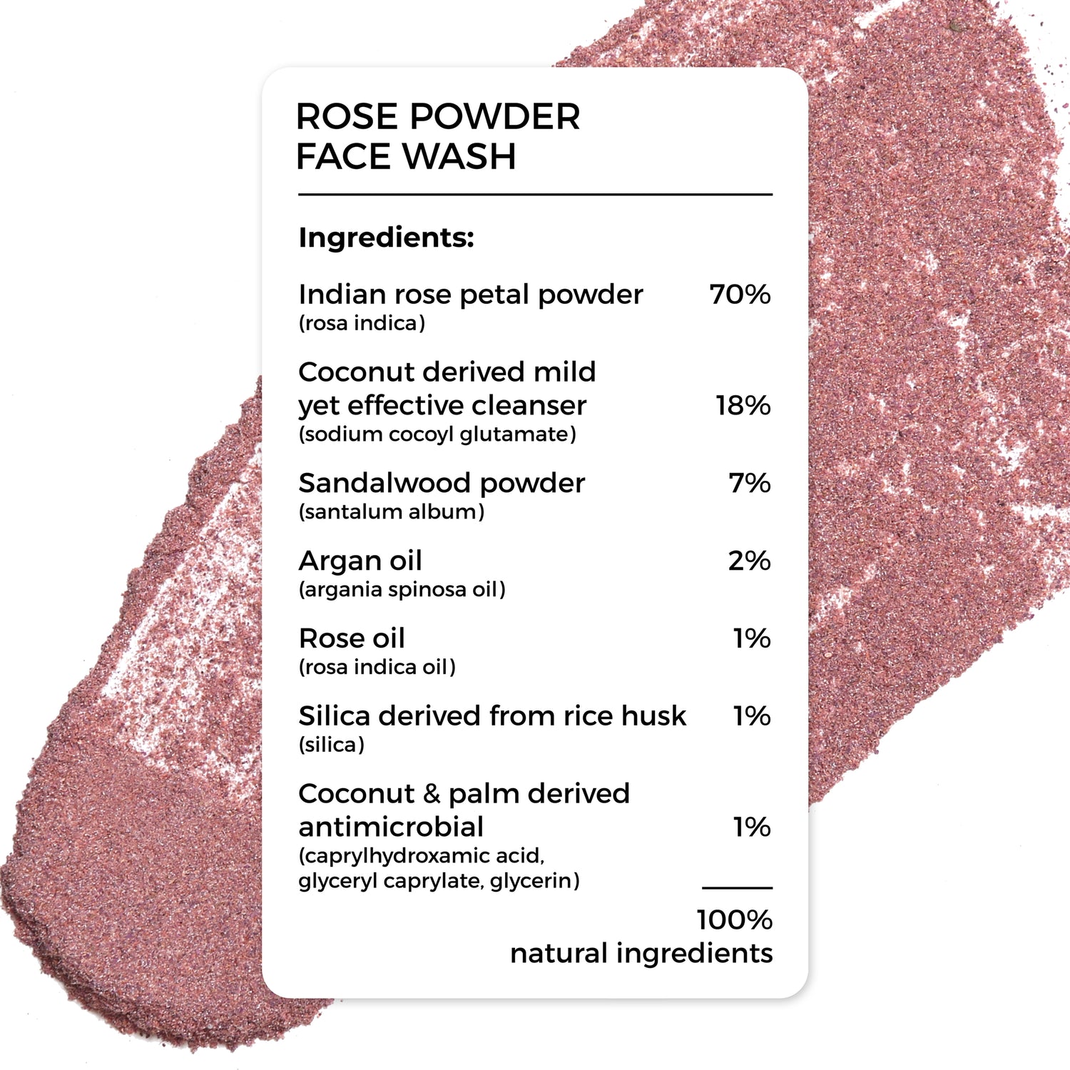 complete ingredient list of Brillare Rose Powder Face wash. 100% natural ingredients.