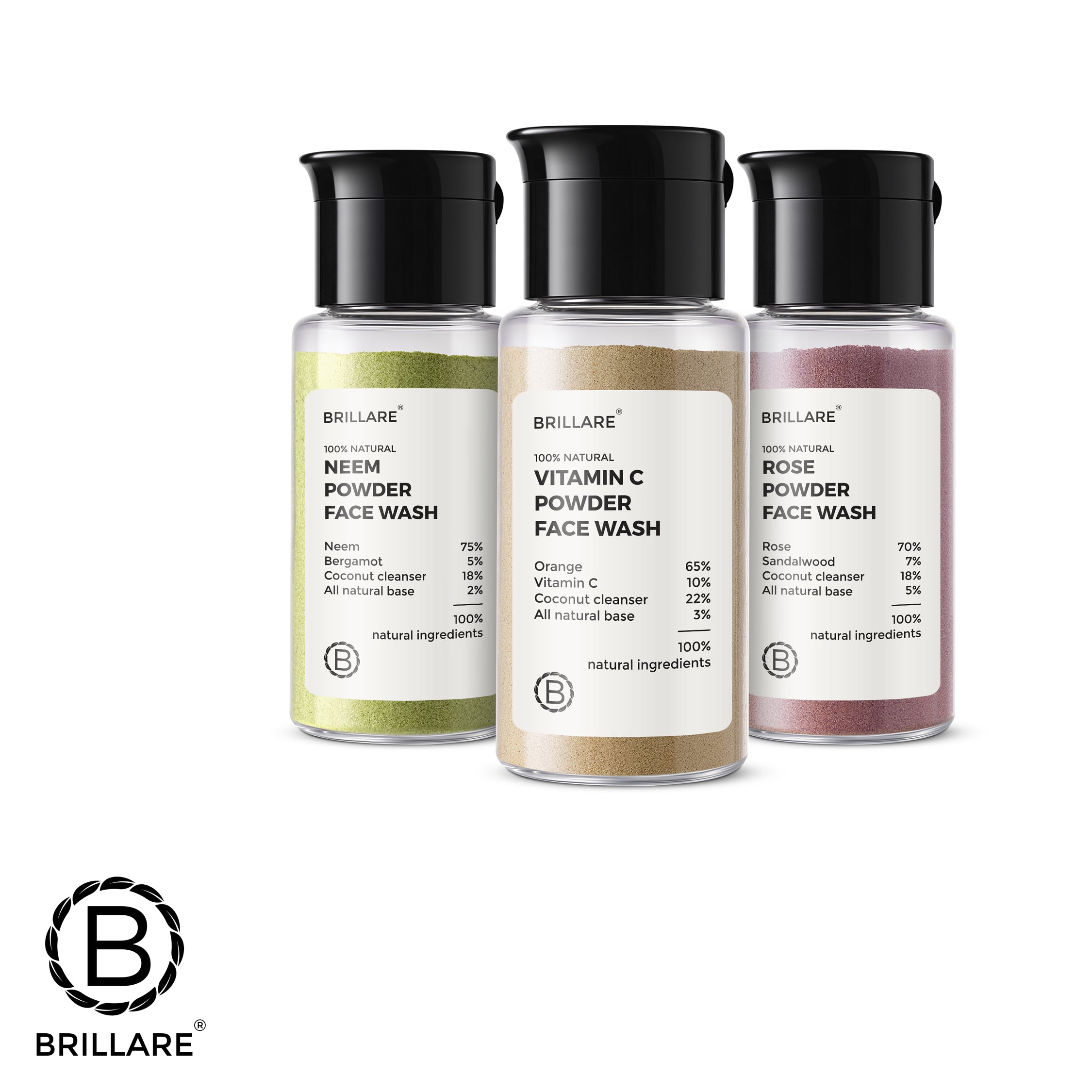 Brillare Rose, Neem and Vitamin C powder face wash with Brillare logo.