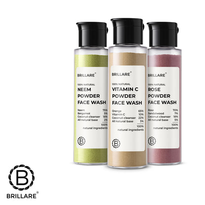 Brillare Rose, Neem and Vitamin C powder face wash with Brillare logo.