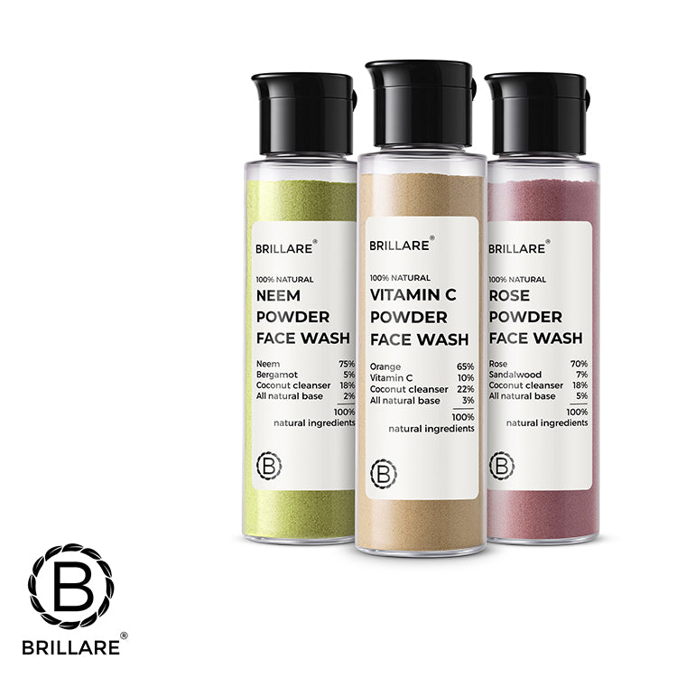 Brillare Rose, Neem and Vitamin C powder face wash with Brillare logo.