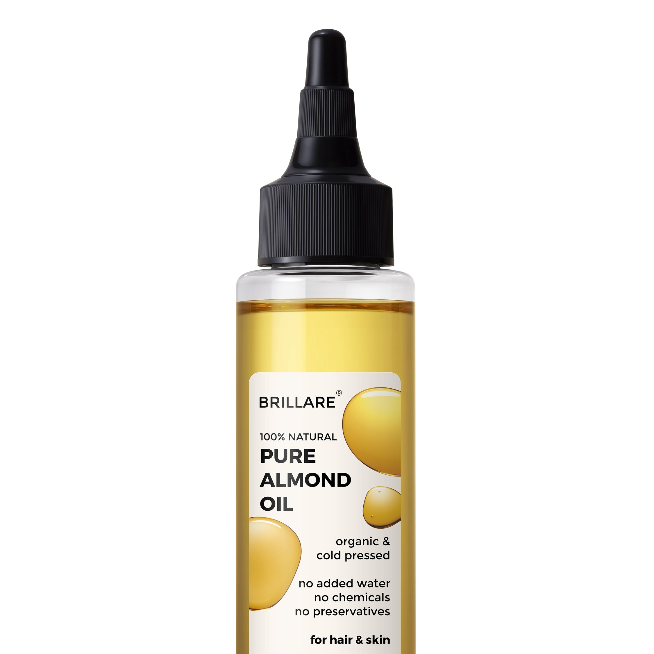 front view of Brillare Pure Almond Oil against white background. 
