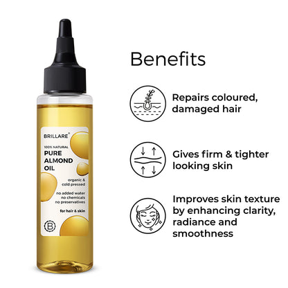 Brillare Pure Almond Oil with side text include benefits: repairs coloured damaged hair, gives firm &amp; tighter looking skin, improves skin texture by enhancing clarity, radiance and smoothness.