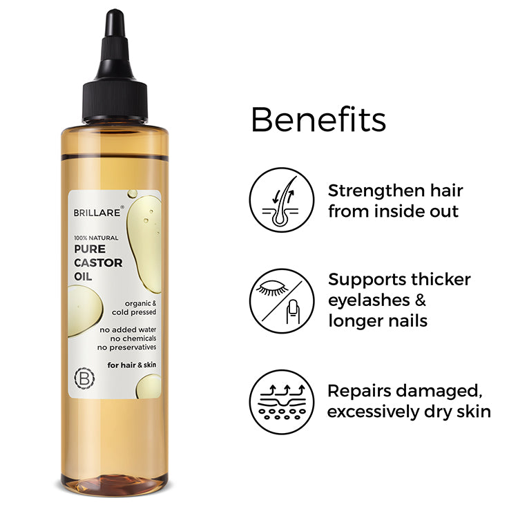 Brillare Pure Castor Oil with side text include benefits: strengthen hair from inside out, supports thicker eyelashes &amp; longer nails. 