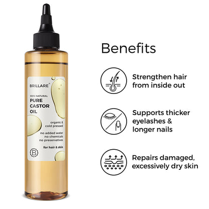 Brillare Pure Castor Oil with side text include benefits: strengthen hair from inside out, supports thicker eyelashes &amp; longer nails. 