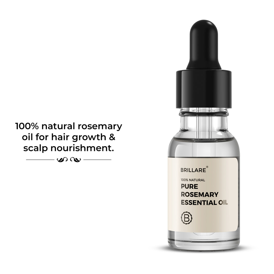 Brillare Pure Rosemary Essential Oil with side text include: 100% natural rosemary oil for hair growth &amp; scalp nourishment.