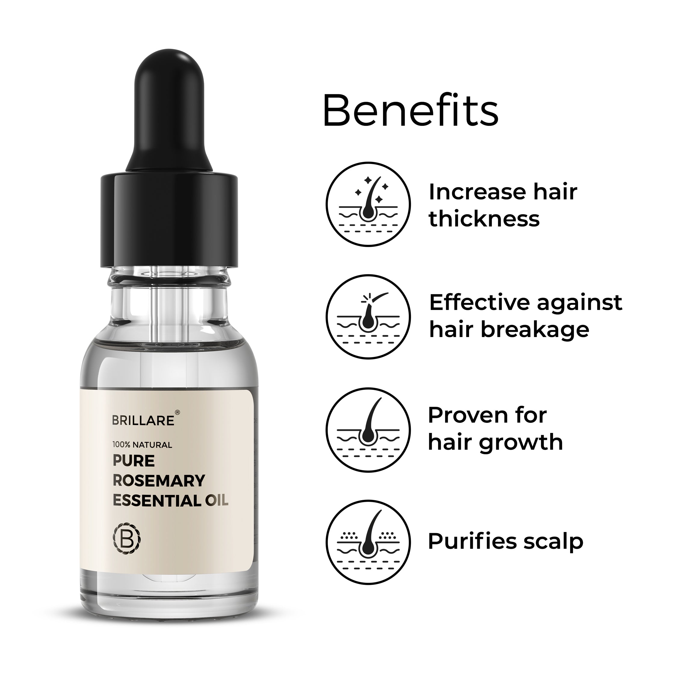 Brillare Pure Rosemary Essential Oil with side text include benefits: increases hair thickness, effective against hair breakage, proven for hair growth, purifies scalp.