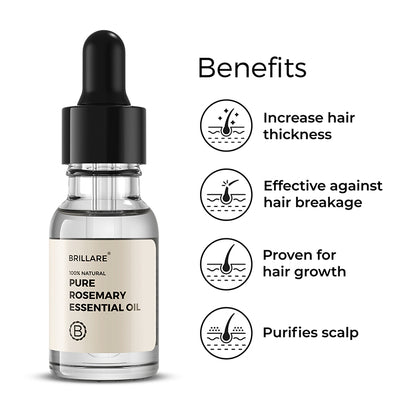 Brillare Pure Rosemary Essential Oil with side text include benefits: increases hair thickness, effective against hair breakage, proven for hair growth, purifies scalp.