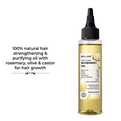 Brillare Rosemary Oil with side text include 100% natural hair strengthening &amp; purifying oil with rosemary, olive &amp; castor for hair growth.