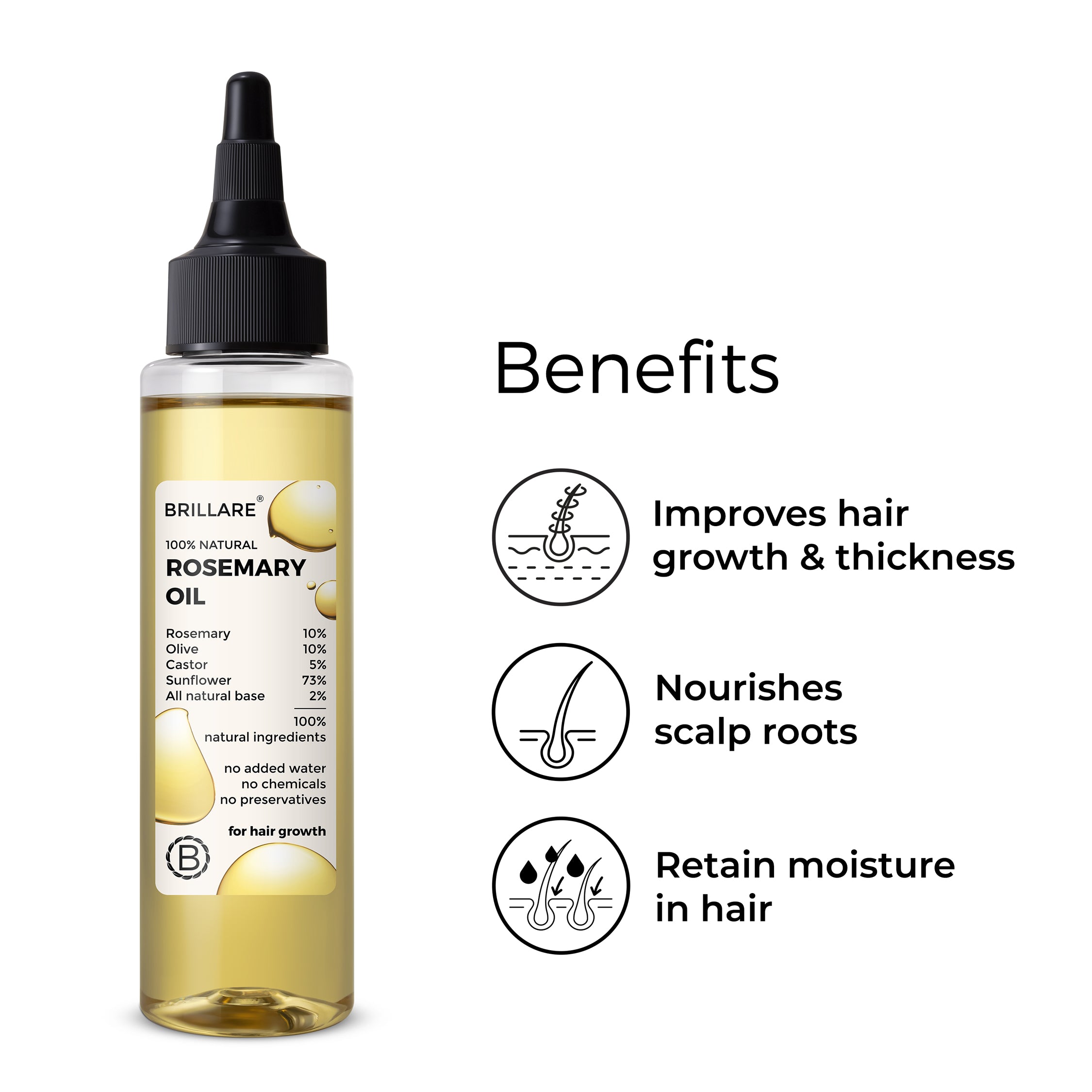 Brillare Rosemary Oil with side text include benefits: improves hair growth &amp; thickness, nourishes scalp roots, retain moisture in hair.