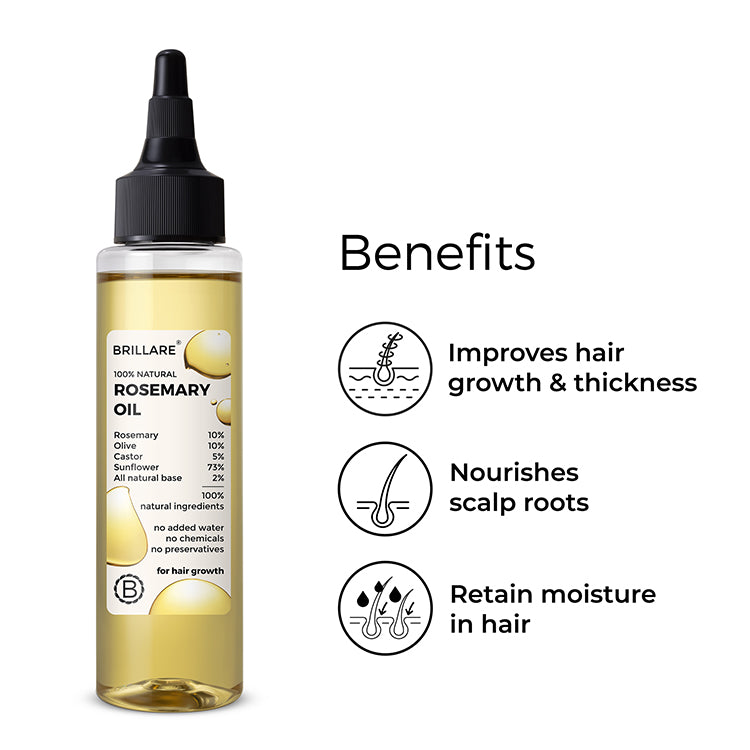 Brillare Rosemary Oil with side text include benefits: improves hair growth &amp; thickness, nourishes scalp roots, retain moisture in hair.