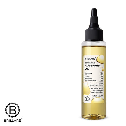 Brillare Rosemary Oil against white background with Brillare logo. Ingredients mentioned on the bottle label. 