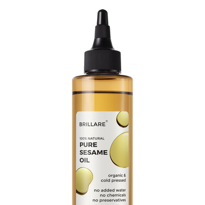 front view of Brillare Pure Sesame Oil against white background. 
