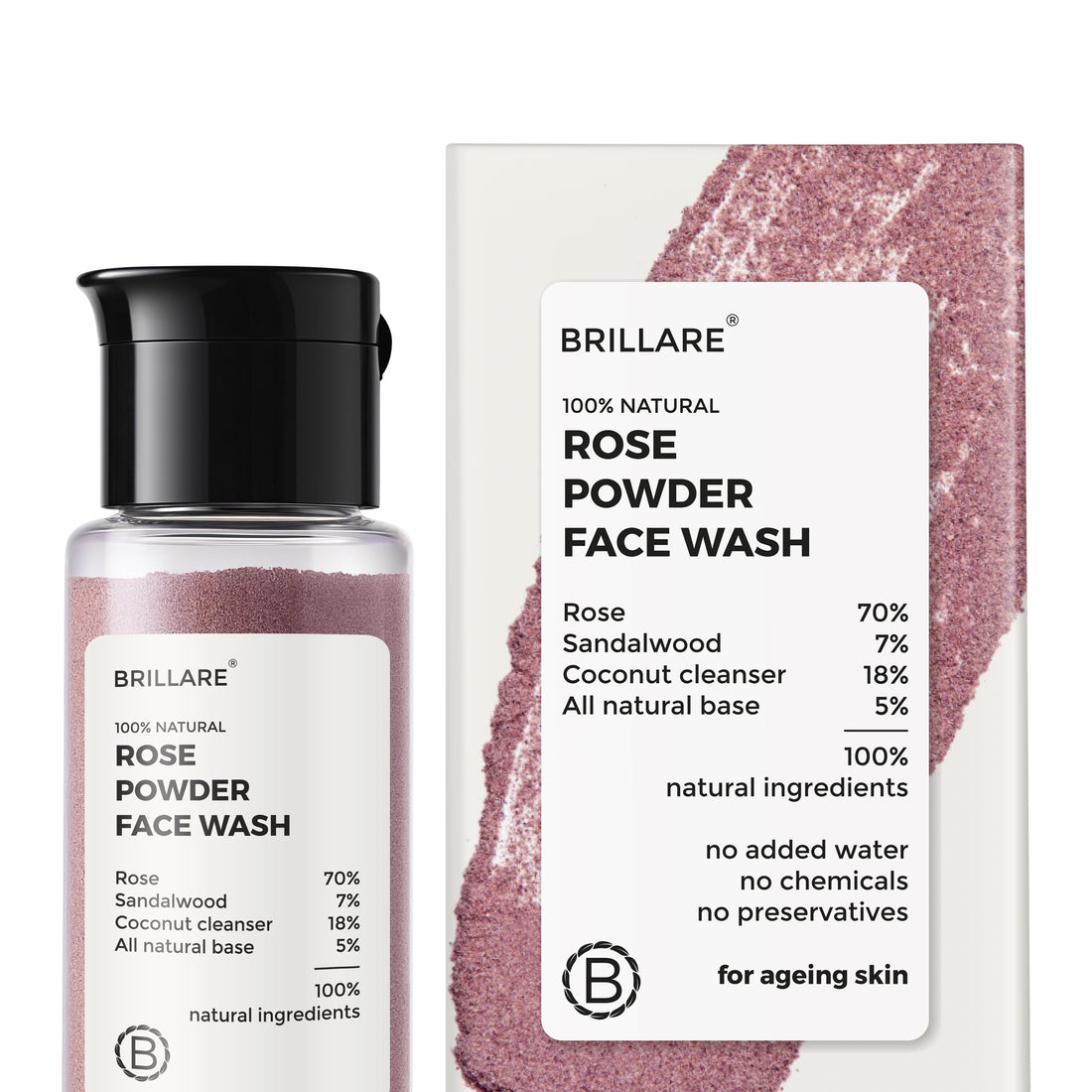 front view of Brillare Rose Powder Face wash and its outer box, ingredients mentioned on the product label.