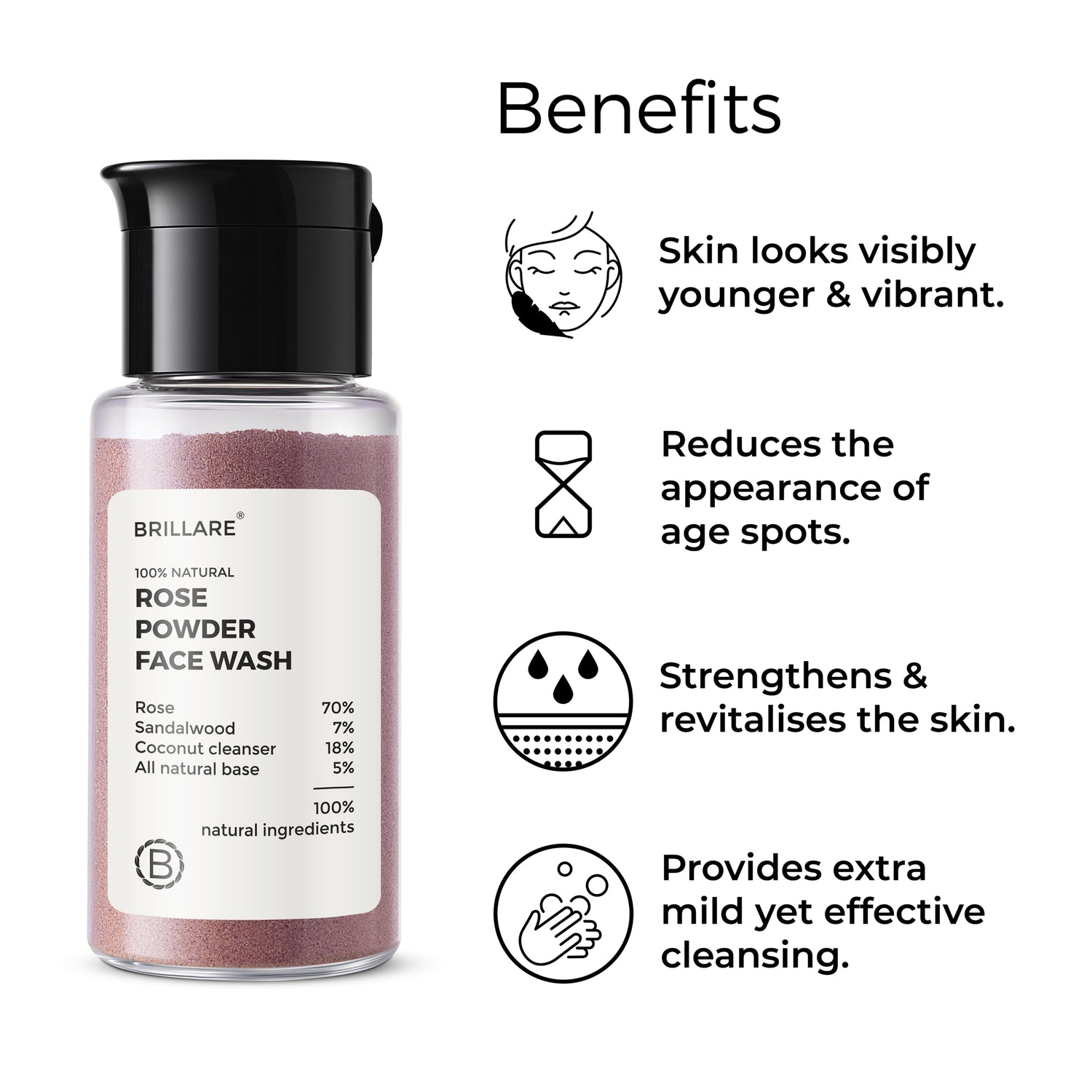 Brillare Rose Powder Face wash side text include benefits: skin looks visibly younger &amp; vibrant, reduces the appearance of age spots, strengthens &amp; revitalises the skin, provides extra mild effective cleansing. 