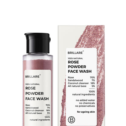 front view of Brillare Rose Powder Face wash and its outer box, ingredients mentioned on the product label.