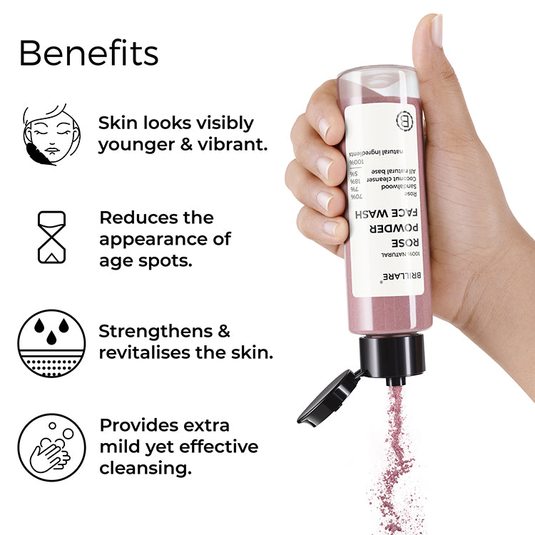 Brillare Rose Powder Face wash side text include benefits: skin looks visibly younger &amp; vibrant, reduces the appearance of age spots, strengthens &amp; revitalises the skin, provides extra mild effective cleansing. 