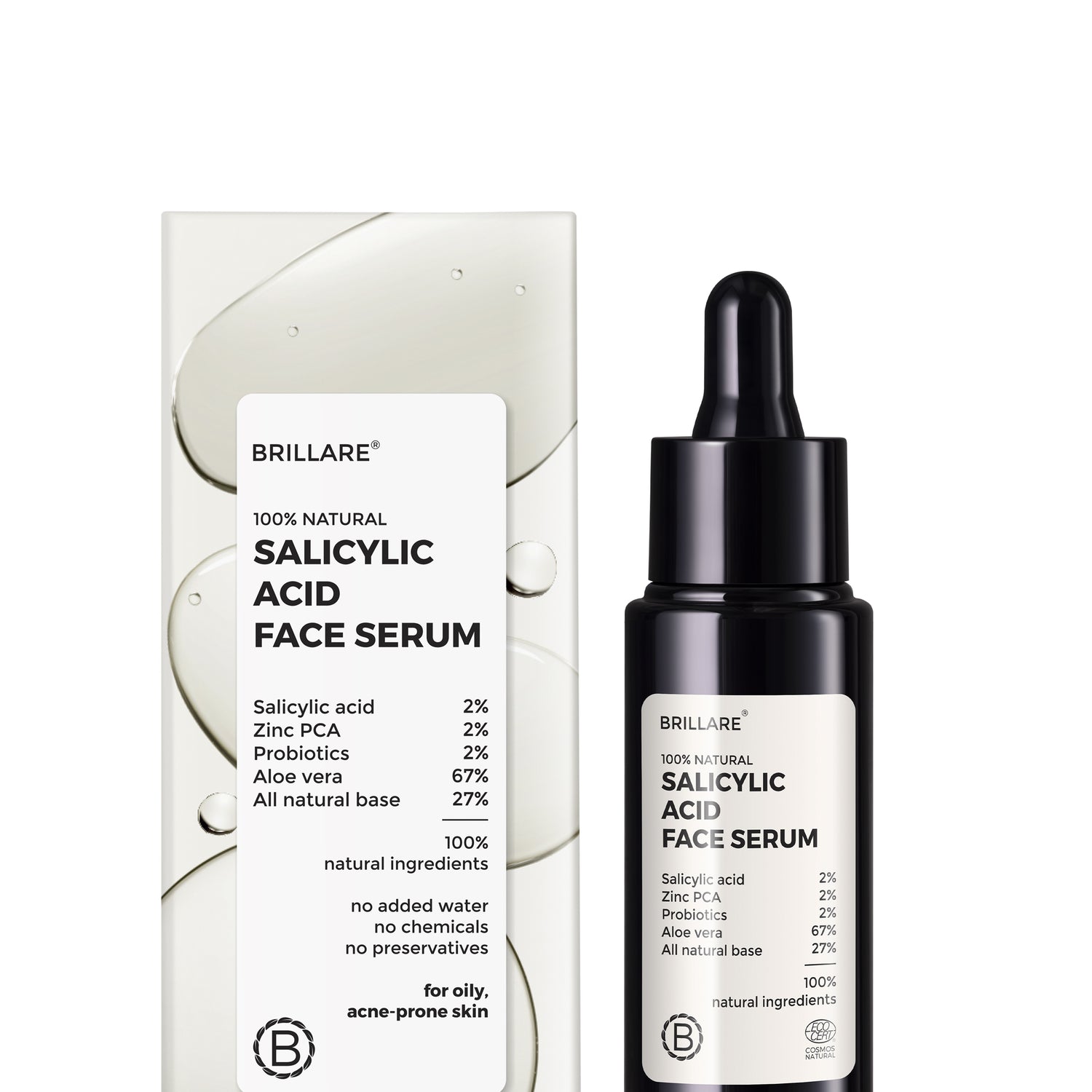 front view of Brillare Salicylic Acid Face Serum and its outer box. ingredients mentioned on the product label.