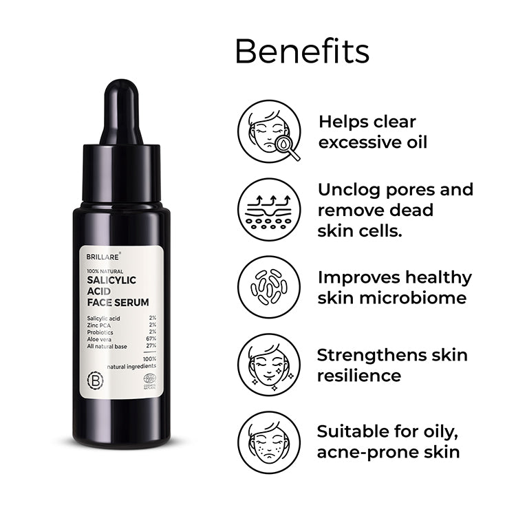 Brillare Salicylic Acid Face Serum with side text include benefits: helps clear excessive oil, unclog pores and remove dead skin cells, improves healthy skin microbiome, strengthens skin resilience, suitable for oily, acne-prone skin.