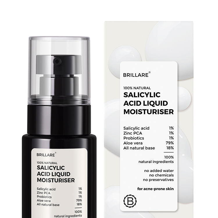 front view of Salicylic Acid Liquid Moisturiser with its outer box. Ingredients mentioned on the product label.