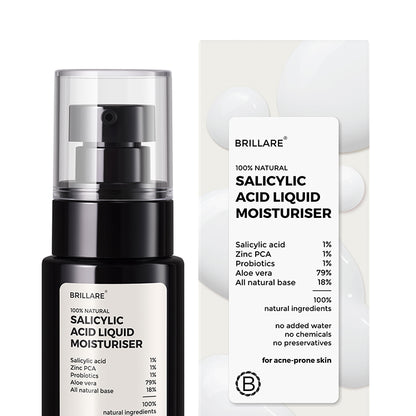 front view of Salicylic Acid Liquid Moisturiser with its outer box. Ingredients mentioned on the product label.