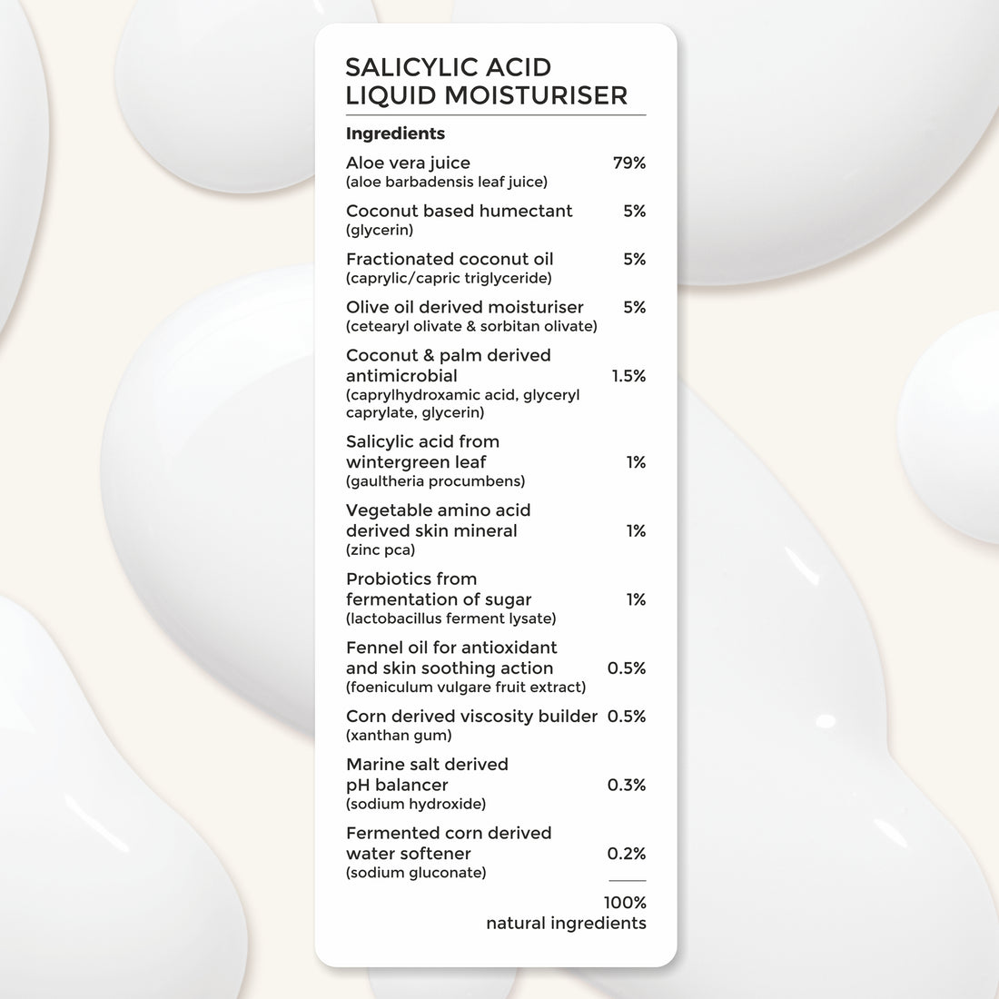 Salicylic Acid Liquid Moisturiser complete ingredient list, 100% natural ingredients.