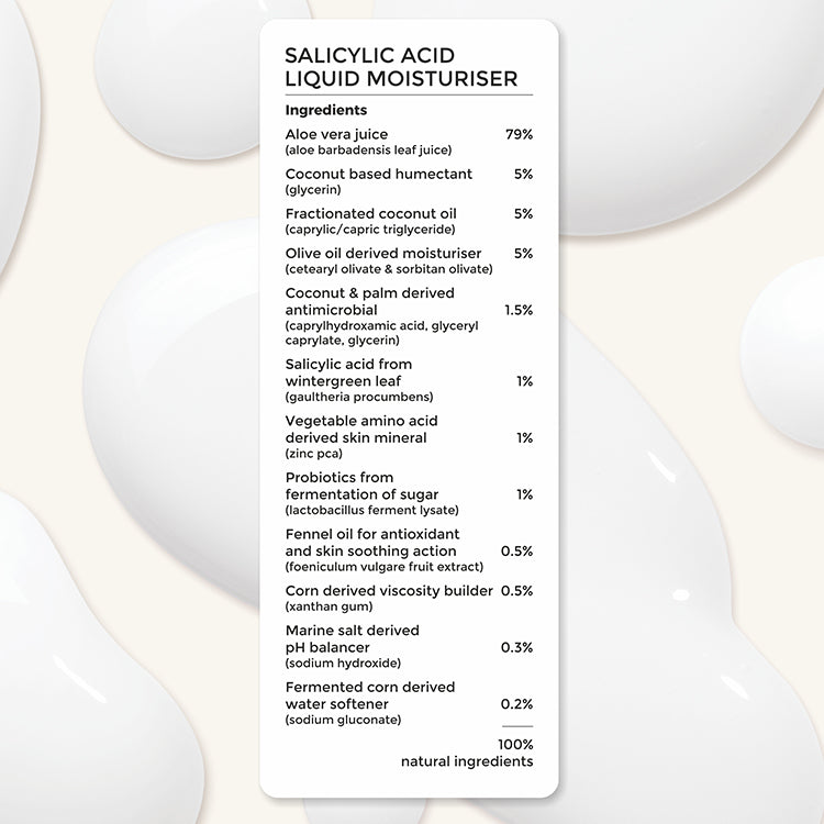 Salicylic Acid Liquid Moisturiser complete ingredient list, 100% natural ingredients.