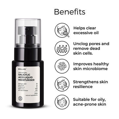 Salicylic Acid Liquid Moisturiser with the side text include benefits: helps clear excessive oil, unclog pores and remove dead skin cells, improves healthy skin microbiome, strengthens skin resilience, suitable for oily, acne-prone skin.