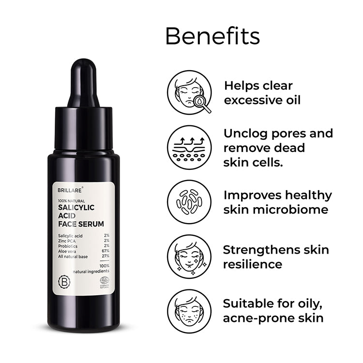 Brillare Salicylic Acid Face Serum with side text include benefits: helps clear excessive oil, unclog pores and remove dead skin cells, improves healthy skin microbiome, strengthens skin resilience, suitable for oily, acne-prone skin.