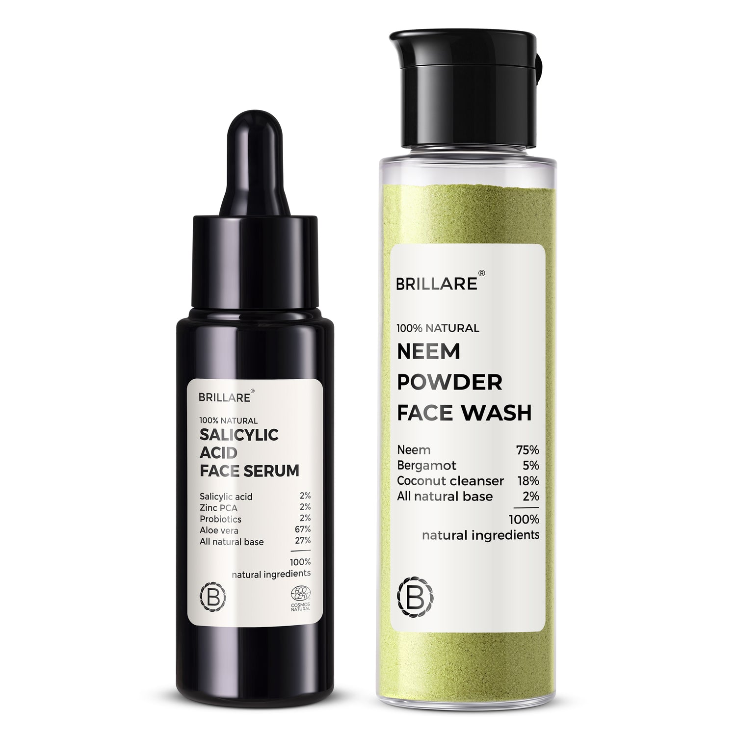 front view of Brillare Salicylic Acid Face Serum and Brillare Neem Powder Face Wash against white background. ingredients mentioned on the product label