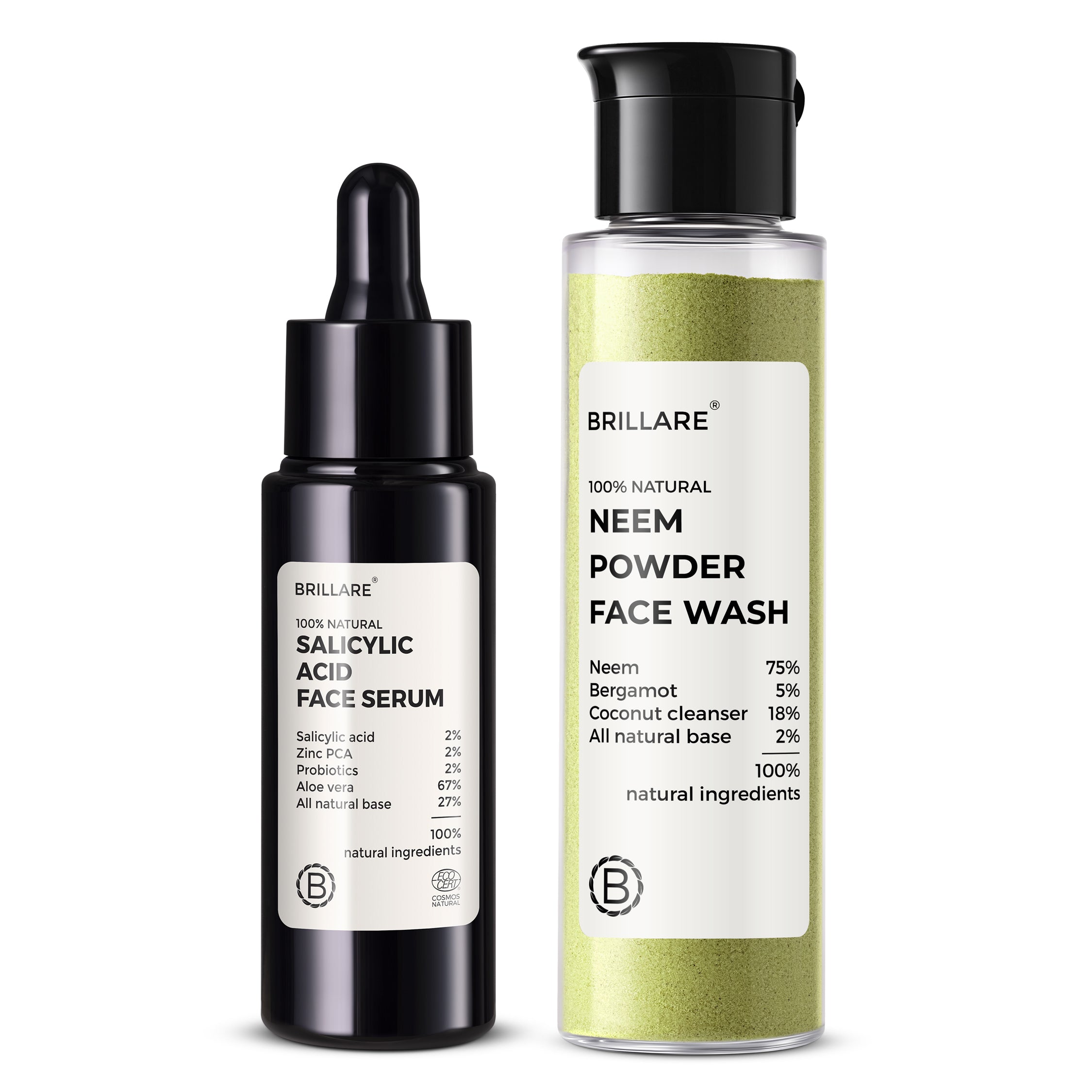 front view of Brillare Salicylic Acid Face Serum and Brillare Neem Powder Face Wash against white background. ingredients mentioned on the product label