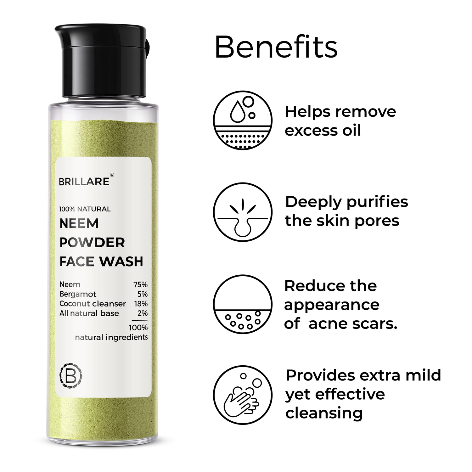 Brillare Neem Powder Face Wash with side text include benefits: helps remove excess oil, deeply purifies the skin pores, reduce the appearance of acne scars, provides extra mild yet effective cleansing. 