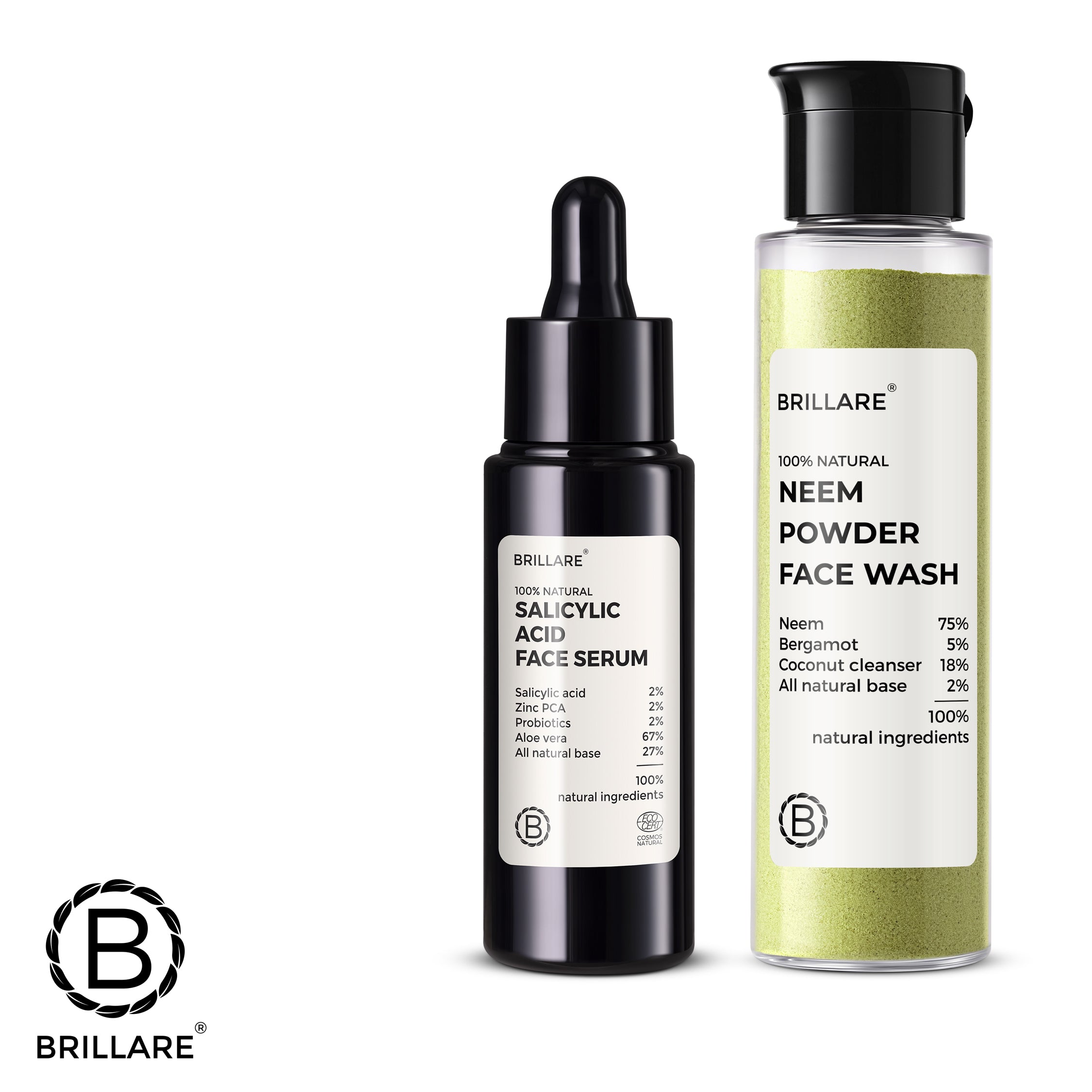 Brillare Salicylic Acid Face Serum and Brillare Neem Powder Face Wash with Brillare Logo