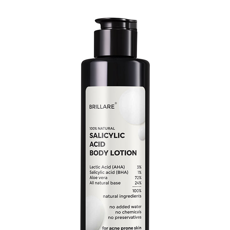 front view of Brillare Salicylic Acid Body Lotion against white background. ingredients mentioned on the product label