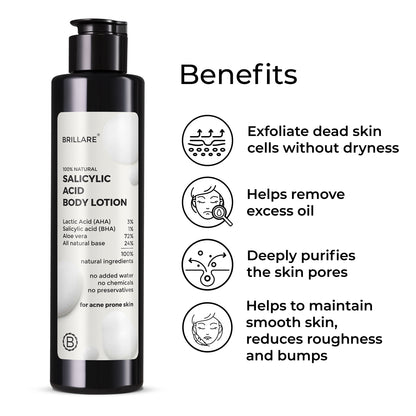 Brillare Salicylic Acid Body Lotion with side text include benefits: exfoliate dead skin cells without dryness, helps remove excess oil, deeply purifies the skin pores, helps to maintain smooth skin, reduces roughness and bumps.