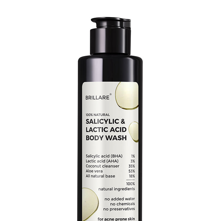 front view of Brillare Salicylic Acid Body wash against white background. ingredients mentioned on the product label