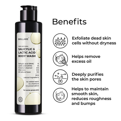 Brillare Salicylic &amp; Lactic Acid body wash with side text include benefits: exfoliate dead skin cells without dryness, helps remove excess oil, deeply purifies the skin pores, helps to maintain smooth skin, reduces roughness and bumps.