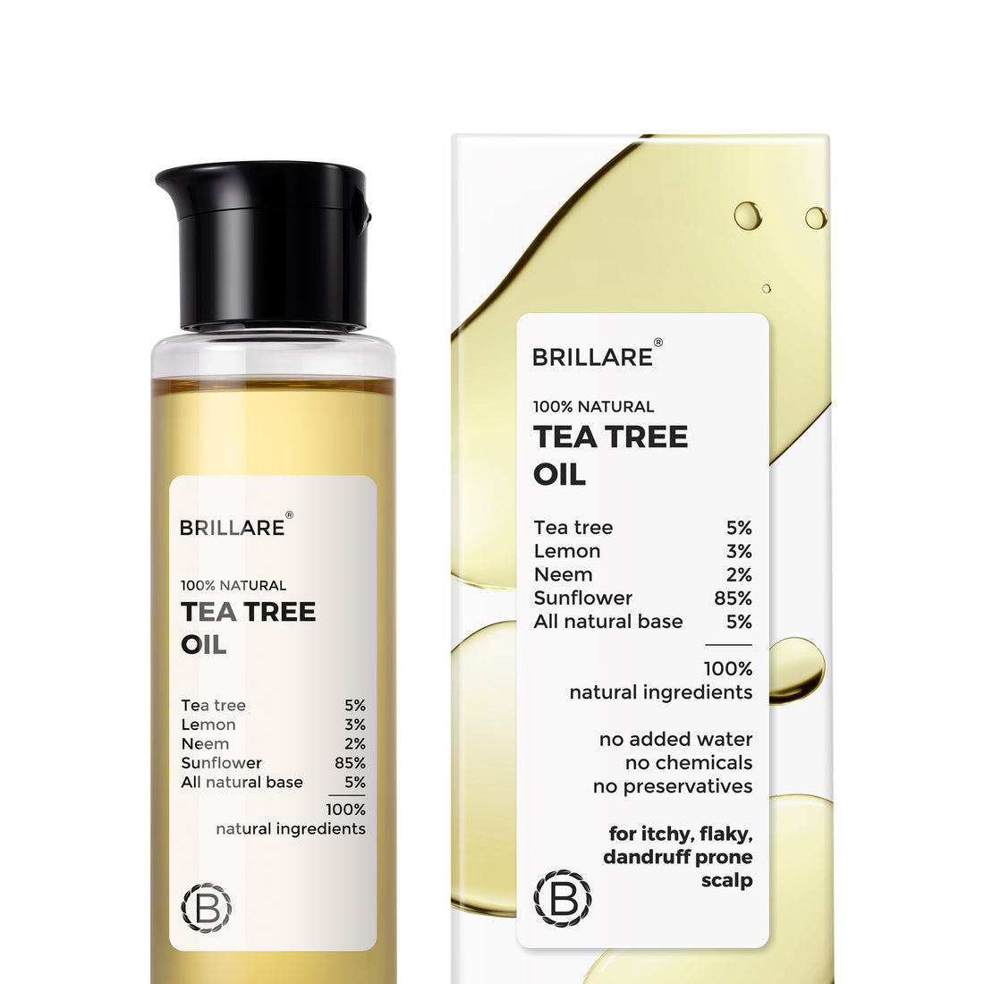 front view of Brillare Tea Tree Oil and its outer box, ingredients mentioned on the product label.