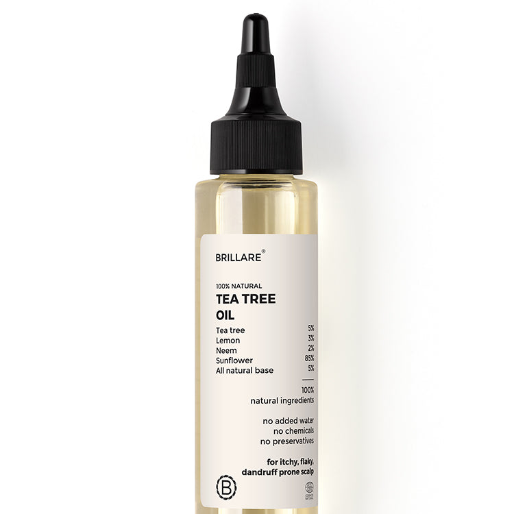 front view of Brillare Tea Tree Oil and its outer box, ingredients mentioned on the product label.