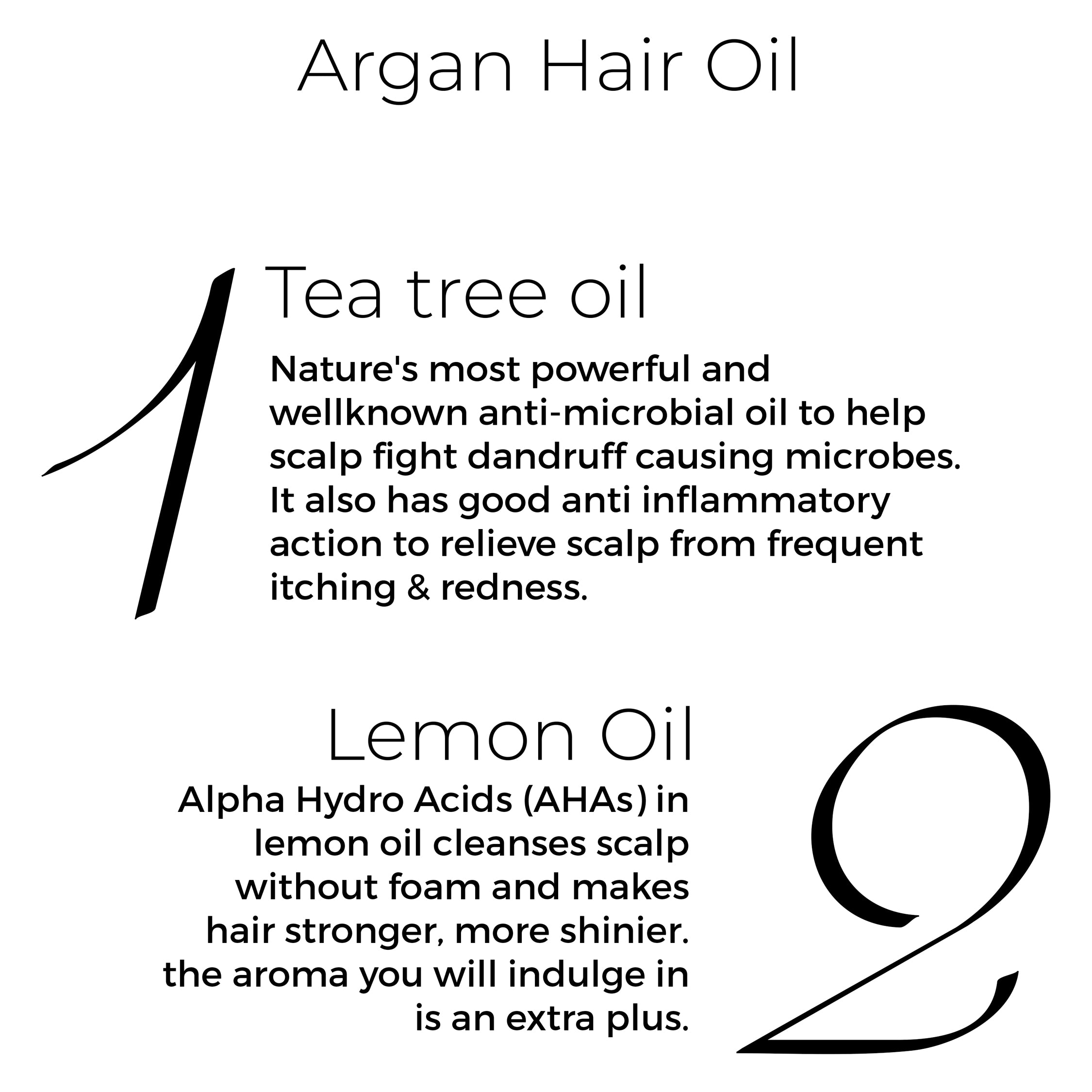 Key actives of Brillare Argan Hair Oil  in text include: Tea Tree Oil and Lemon Oil